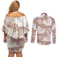 Mocha Mousse Aloha Hawaii Couples Matching Off Shoulder Short Dress and Long Sleeve Button Shirt Monstera Hibiscus Plumeria Seamless Vibes - Polynesian Pride