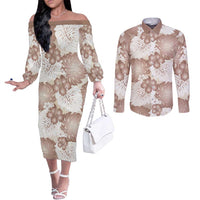 Mocha Mousse Aloha Hawaii Couples Matching Off The Shoulder Long Sleeve Dress and Long Sleeve Button Shirt Monstera Hibiscus Plumeria Seamless Vibes - Polynesian Pride