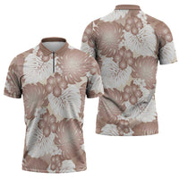Mocha Mousse Aloha Hawaii Zipper Polo Shirt Monstera Hibiscus Plumeria Seamless Vibes - Polynesian Pride