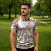 Mocha Mousse Aloha Hawaii Zipper Polo Shirt Monstera Hibiscus Plumeria Seamless Vibes - Polynesian Pride