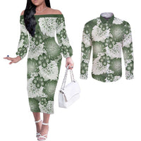 Sage Green Aloha Hawaii Couples Matching Off The Shoulder Long Sleeve Dress and Long Sleeve Button Shirt Monstera Hibiscus Plumeria Seamless Vibes - Polynesian Pride