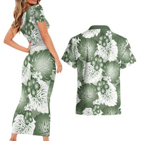 Sage Green Aloha Hawaii Couples Matching Short Sleeve Bodycon Dress and Hawaiian Shirt Monstera Hibiscus Plumeria Seamless Vibes - Polynesian Pride