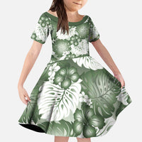 Sage Green Aloha Hawaii Kid Short Sleeve Dress Monstera Hibiscus Plumeria Seamless Vibes - Polynesian Pride