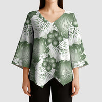 Sage Green Aloha Hawaii Kimono Sleeve Blouse Monstera Hibiscus Plumeria Seamless Vibes - Polynesian Pride
