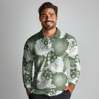 Sage Green Aloha Hawaii Long Sleeve Polo Shirt Monstera Hibiscus Plumeria Seamless Vibes - Polynesian Pride