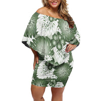 Sage Green Aloha Hawaii Off Shoulder Short Dress Monstera Hibiscus Plumeria Seamless Vibes - Polynesian Pride