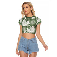 Sage Green Aloha Hawaii Raglan Cropped T Shirt Monstera Hibiscus Plumeria Seamless Vibes - Polynesian Pride