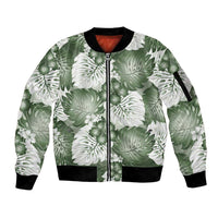Sage Green Aloha Hawaii Sleeve Zip Bomber Jacket Monstera Hibiscus Plumeria Seamless Vibes - Polynesian Pride
