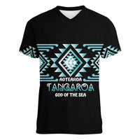 Aotearoa Atua Tangaroa Personalised Women V-Neck T-Shirt Maori God Of The Sea Taniko Motifs LT14 Female Turquoise - Polynesian Pride