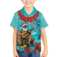 Hawaii Christmas Family Matching Long Sleeve Bodycon Dress and Hawaiian Shirt Mele Kalikimaka Poinsettia Lei - Cyan