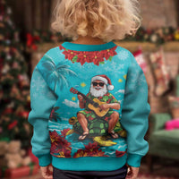 Hawaii Christmas Kid Ugly Christmas Sweater Mele Kalikimaka Poinsettia Lei - Cyan