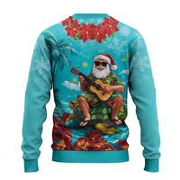 Hawaii Christmas Ugly Christmas Sweater Mele Kalikimaka Poinsettia Lei - Cyan