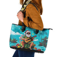 Hawaii Christmas Leather Tote Bag Mele Kalikimaka Poinsettia Lei - Cyan