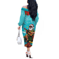 Hawaii Christmas Off The Shoulder Long Sleeve Dress Mele Kalikimaka Poinsettia Lei - Cyan