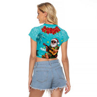 Hawaii Christmas Raglan Cropped T Shirt Mele Kalikimaka Poinsettia Lei - Cyan LT14 - Polynesian Pride