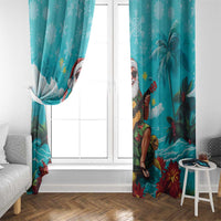 Hawaii Christmas Window Curtain Mele Kalikimaka Poinsettia Lei - Cyan