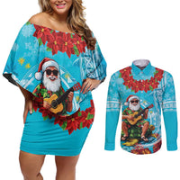 Hawaii Christmas Couples Matching Off Shoulder Short Dress and Long Sleeve Button Shirt Mele Kalikimaka Poinsettia Lei Polynesian - Blue