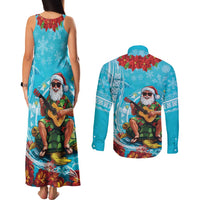 Hawaii Christmas Couples Matching Tank Maxi Dress and Long Sleeve Button Shirt Mele Kalikimaka Poinsettia Lei Polynesian - Blue LT14 - Polynesian Pride
