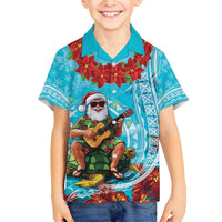 Hawaii Christmas Family Matching Off Shoulder Maxi Dress and Hawaiian Shirt Mele Kalikimaka Poinsettia Lei Polynesian - Blue