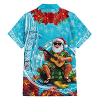 Hawaii Christmas Family Matching Off Shoulder Short Dress and Hawaiian Shirt Mele Kalikimaka Poinsettia Lei Polynesian - Blue