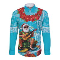 Hawaii Christmas Long Sleeve Button Shirt Mele Kalikimaka Poinsettia Lei Polynesian - Blue LT14 Unisex Blue - Polynesian Pride