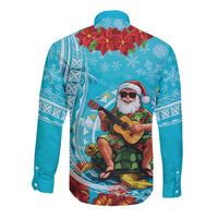 Hawaii Christmas Long Sleeve Button Shirt Mele Kalikimaka Poinsettia Lei Polynesian - Blue LT14 - Polynesian Pride