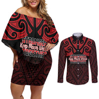 Personalised Keep Maori Wards New Zealand Couples Matching Off Shoulder Short Dress and Long Sleeve Button Shirt Stronger Together Aotearoa Taniko - Polynesian Pride