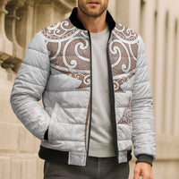 New Zealand Manta Ray Tattoo Bomber Puffer Jacket Aotearoa Maori Haehae Beige - Polynesian Pride