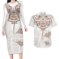 New Zealand Manta Ray Tattoo Couples Matching Long Sleeve Bodycon Dress and Hawaiian Shirt Aotearoa Maori Haehae Beige - Polynesian Pride