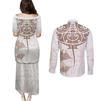 New Zealand Manta Ray Tattoo Couples Matching Puletasi and Long Sleeve Button Shirt Aotearoa Maori Haehae Beige - Polynesian Pride