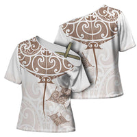 New Zealand Manta Ray Tattoo Cross Shoulder Shirt Aotearoa Maori Haehae Beige - Polynesian Pride