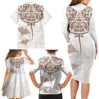 New Zealand Manta Ray Tattoo Family Matching Long Sleeve Bodycon Dress and Hawaiian Shirt Aotearoa Maori Haehae Beige - Polynesian Pride