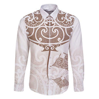 New Zealand Manta Ray Tattoo Family Matching Long Sleeve Bodycon Dress and Hawaiian Shirt Aotearoa Maori Haehae Beige - Polynesian Pride