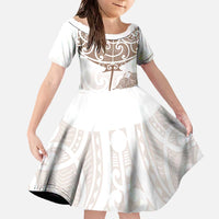 New Zealand Manta Ray Tattoo Family Matching Off The Shoulder Long Sleeve Dress and Hawaiian Shirt Aotearoa Maori Haehae Beige - Polynesian Pride