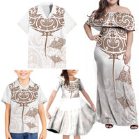 New Zealand Manta Ray Tattoo Family Matching Off Shoulder Maxi Dress and Hawaiian Shirt Aotearoa Maori Haehae Beige - Polynesian Pride