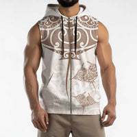 New Zealand Manta Ray Tattoo Sleeveless Zip Hoodie Aotearoa Maori Haehae Beige - Polynesian Pride