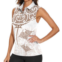 New Zealand Manta Ray Tattoo Women Sleeveless Polo Shirt Aotearoa Maori Haehae Beige - Polynesian Pride