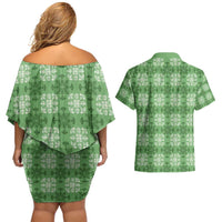 Green Hawaiian Quilt Couples Matching Off Shoulder Short Dress and Hawaiian Shirt Hawaii Pineapple Monstera Palaka Motifs - Polynesian Pride
