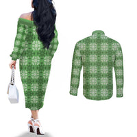 Green Hawaiian Quilt Couples Matching Off The Shoulder Long Sleeve Dress and Long Sleeve Button Shirt Hawaii Pineapple Monstera Palaka Motifs - Polynesian Pride