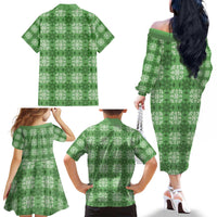 Green Hawaiian Quilt Family Matching Off The Shoulder Long Sleeve Dress and Hawaiian Shirt Hawaii Pineapple Monstera Palaka Motifs - Polynesian Pride