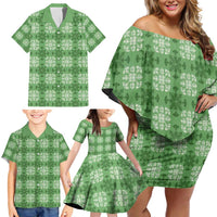 Green Hawaiian Quilt Family Matching Off Shoulder Short Dress and Hawaiian Shirt Hawaii Pineapple Monstera Palaka Motifs - Polynesian Pride