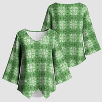 Green Hawaiian Quilt Kimono Sleeve Blouse Hawaii Pineapple Monstera Palaka Motifs - Polynesian Pride