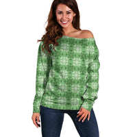 Green Hawaiian Quilt Off Shoulder Sweater Hawaii Pineapple Monstera Palaka Motifs - Polynesian Pride