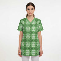 Green Hawaiian Quilt Scrub Top Hawaii Pineapple Monstera Palaka Motifs - Polynesian Pride