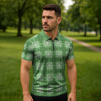 Green Hawaiian Quilt Zipper Polo Shirt Hawaii Pineapple Monstera Palaka Motifs - Polynesian Pride