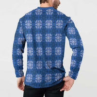 Royal Blue Hawaiian Quilt Button Sweatshirt Hawaii Pineapple Monstera Palaka Motifs - Polynesian Pride