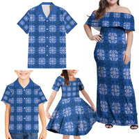 Royal Blue Hawaiian Quilt Family Matching Off Shoulder Maxi Dress and Hawaiian Shirt Hawaii Pineapple Monstera Palaka Motifs - Polynesian Pride
