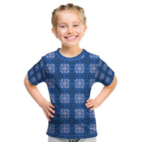 Royal Blue Hawaiian Quilt Kid T Shirt Hawaii Pineapple Monstera Palaka Motifs - Polynesian Pride