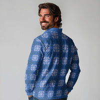 Royal Blue Hawaiian Quilt Long Sleeve Polo Shirt Hawaii Pineapple Monstera Palaka Motifs - Polynesian Pride