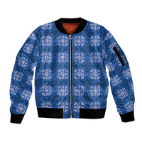 Royal Blue Hawaiian Quilt Sleeve Zip Bomber Jacket Hawaii Pineapple Monstera Palaka Motifs - Polynesian Pride